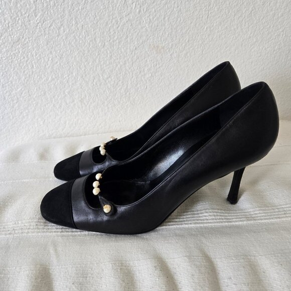 Vintage Chanel Pearl Cap Toe Velvet Stiletto Heels Pumps Black - Picture 7 of 16